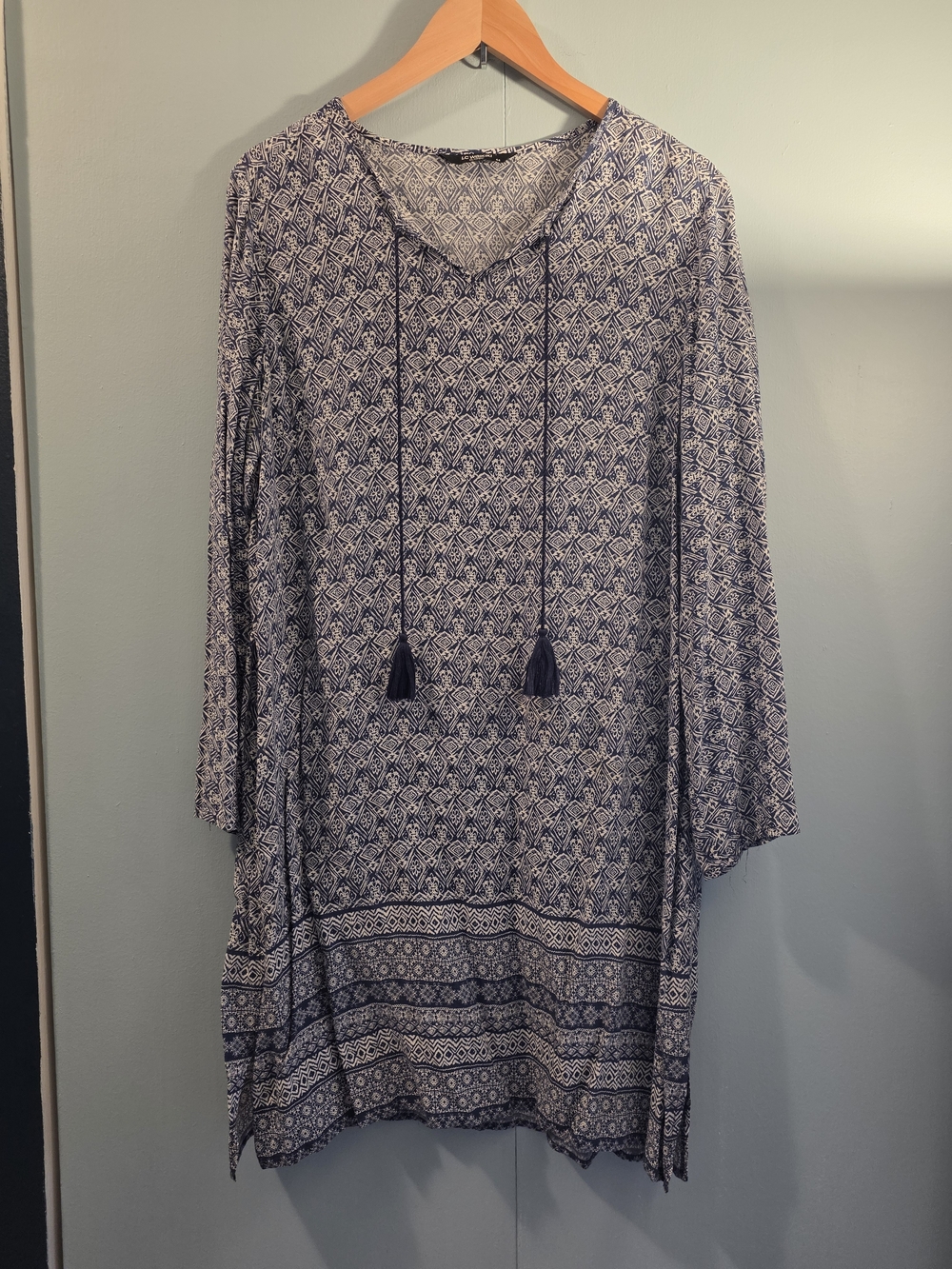 Printed Navy and White Midi Dress with Tassel V-Neck